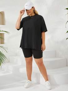 EURMUSE Plus Solid Drop Shoulder Tee & Cycling Shorts - Black - View 6