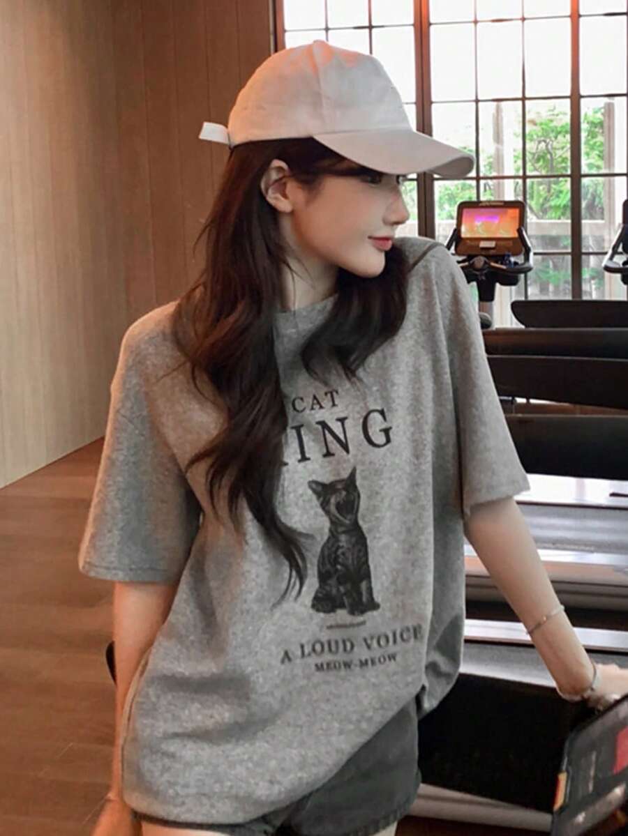 Cat & Slogan Graphic Tee - Grey - View 1