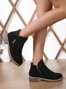 女士字母貼飾厚底戰鬥時尚戶外仿麂皮靴子 - 黑色 - 查看 4