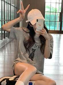 Cat & Slogan Graphic Tee - Grey - View 3