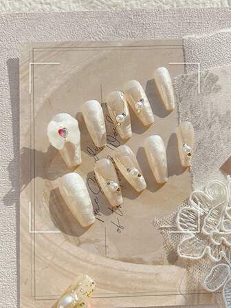 10pcs Long Coffin Faux Pearl Decor Fake Nail & 1sheet Tape