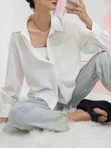 SHEIN Unity Áo sơ mi nữ Túi Nút phía trước màu trơn Giải trí - trắng - Xem 5