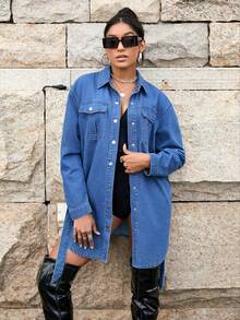 翻蓋口袋弧形下擺腰帶牛仔裙 - 中等水洗藍 - 查看 6