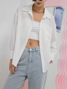 SHEIN Unity Áo sơ mi nữ Túi Nút phía trước màu trơn Giải trí - trắng - Xem 6