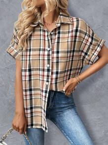 SHEIN Essnce Áo sơ mi nữ Nút phía trước Sọc ca rô Giải trí - Nhiều màu - Xem 1