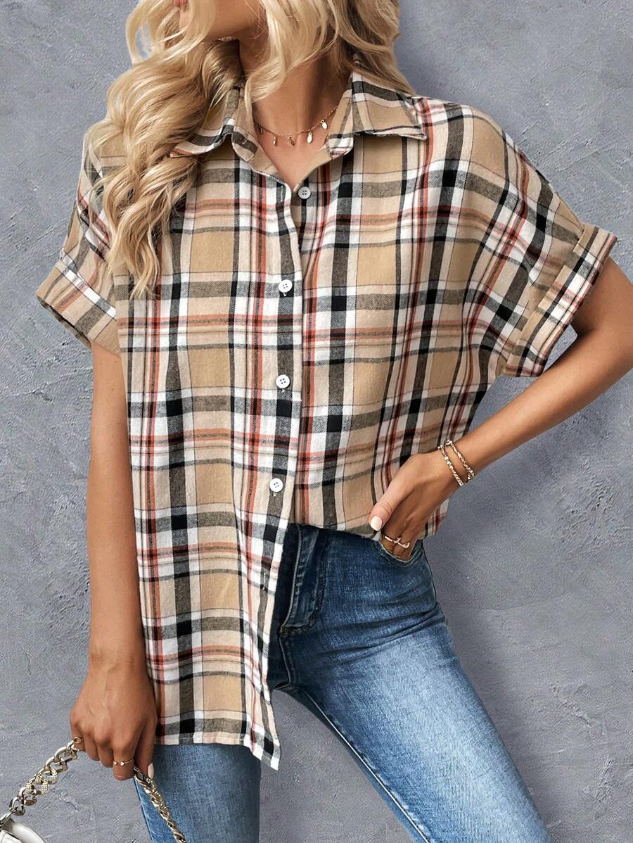 SHEIN Essnce Áo sơ mi nữ Nút phía trước Sọc ca rô Giải trí - Nhiều màu - Xem 1