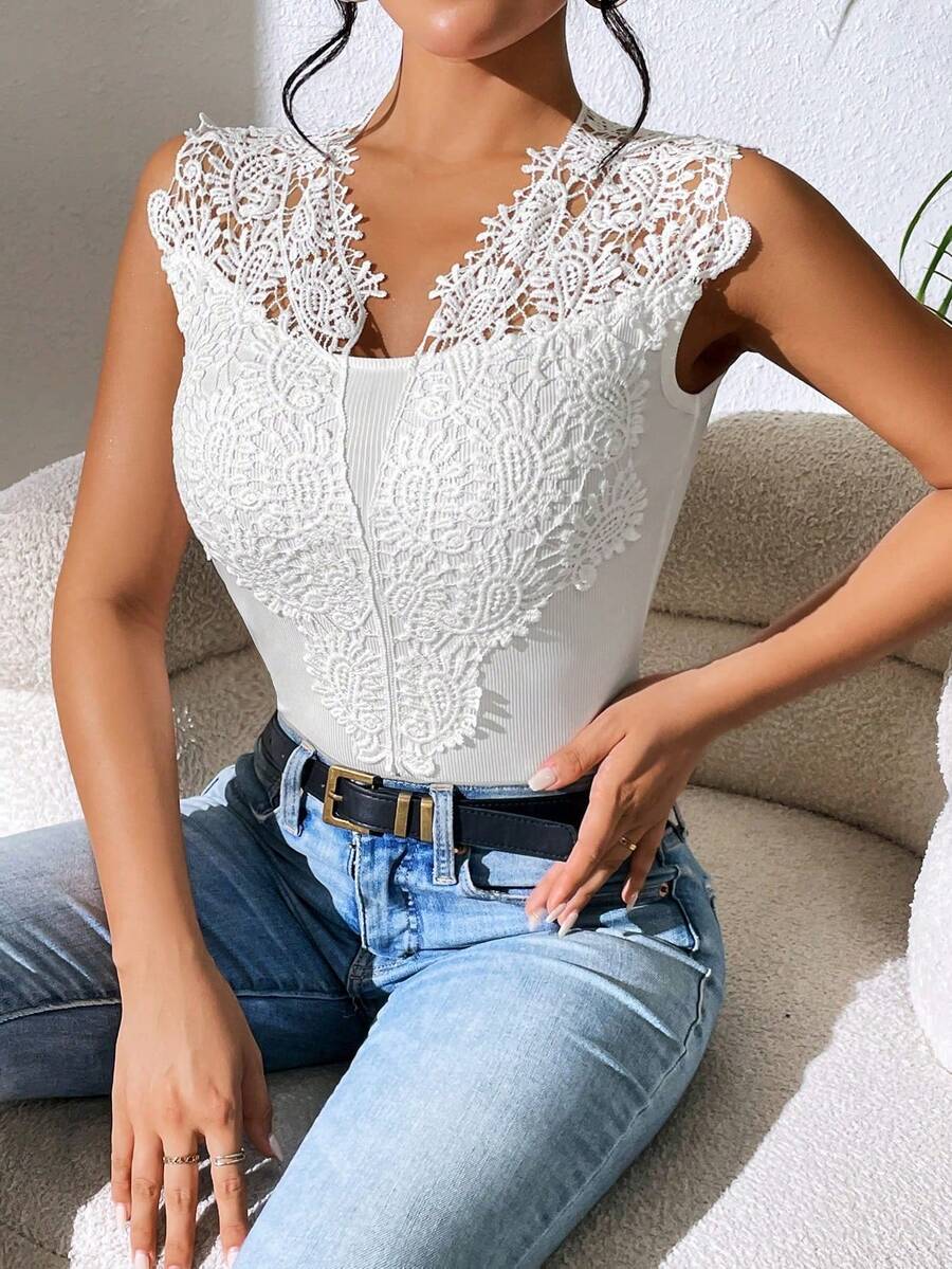 SHEIN Privé Body panel con encaje - Blanco - Ver 1