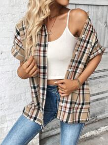 SHEIN Essnce Áo sơ mi nữ Nút phía trước Sọc ca rô Giải trí - Nhiều màu - Xem 4