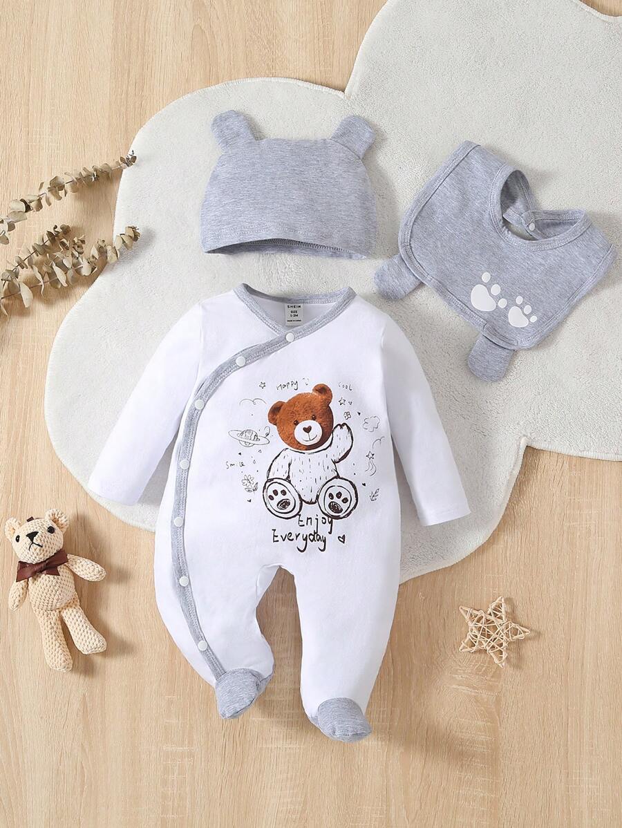 SHEIN Playful Pals Baby Boy Bear Print Footed Jumpsuit & Hat & Bib - White - View 1