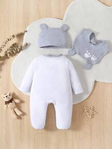 SHEIN Playful Pals Baby Boy Bear Print Footed Jumpsuit & Hat & Bib - White - View 2