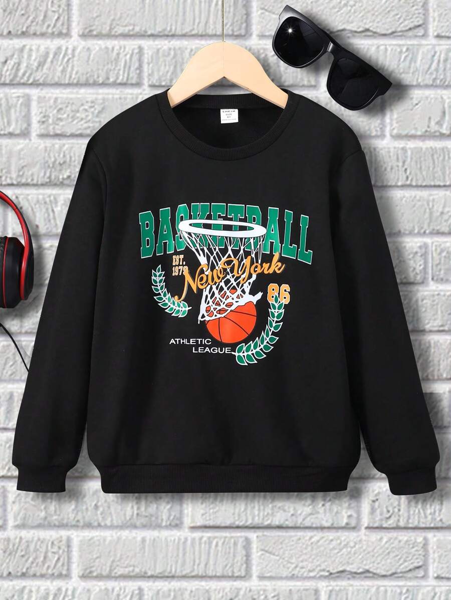 SHEIN 男孩字母圖案運動衫 - 黑色 - 查看 1