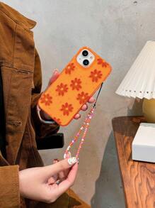 防震花卉图案透明荧光橙色花卉图案防震气囊手机壳 + 橙色串珠手柄链，兼容 17/17 Pro/17 Pro Max/Air 16/16 Plus/16 Pro/16 Pro Max/15 Pro Max/11/12/13/14/16E，春季礼物 - 彩色 - 查看 4