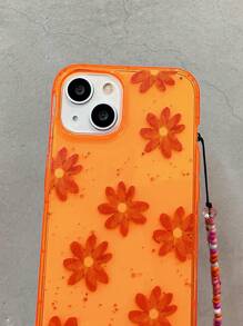 防震花卉图案透明荧光橙色花卉图案防震气囊手机壳 + 橙色串珠手柄链，兼容 17/17 Pro/17 Pro Max/Air 16/16 Plus/16 Pro/16 Pro Max/15 Pro Max/11/12/13/14/16E，春季礼物 - 彩色 - 查看 5