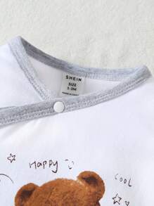 SHEIN Playful Pals Baby Boy Bear Print Footed Jumpsuit & Hat & Bib - White - View 7