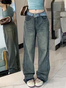 Women Retro Loose Fit Wide Leg Pants With Pockets, Washed Casual Pants