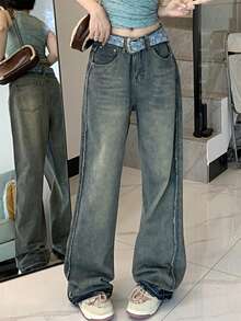 Women Retro Loose Fit Wide Leg Pants With Pockets, Washed Casual Pants