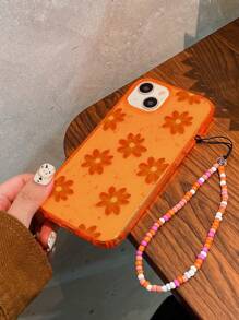 防震花卉图案透明荧光橙色花卉图案防震气囊手机壳 + 橙色串珠手柄链，兼容 17/17 Pro/17 Pro Max/Air 16/16 Plus/16 Pro/16 Pro Max/15 Pro Max/11/12/13/14/16E，春季礼物 - 彩色 - 查看 7