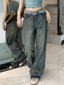 Women Retro Loose Fit Wide Leg Pants With Pockets, Washed Casual Pants