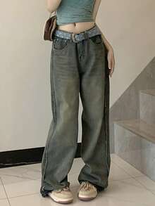 Women Retro Loose Fit Wide Leg Pants With Pockets, Washed Casual Pants