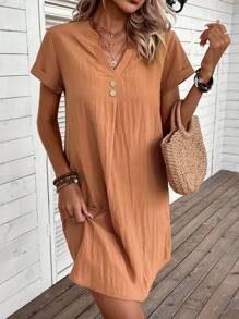 EMERY ROSE Đầm Nút màu trơn Giải trí - Màu Cam cháy - Xem 3