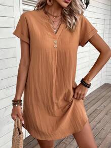 EMERY ROSE Đầm Nút màu trơn Giải trí - Màu Cam cháy - Xem 6