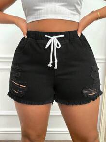 SHEIN SXY 大碼腰部抽繩破洞毛邊緣牛仔短褲 - 黑色 - 查看 3