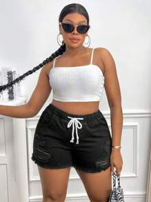 SHEIN SXY 大碼腰部抽繩破洞毛邊緣牛仔短褲 - 黑色 - 查看 4