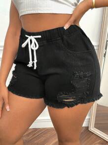 SHEIN SXY 大碼腰部抽繩破洞毛邊緣牛仔短褲 - 黑色 - 查看 6