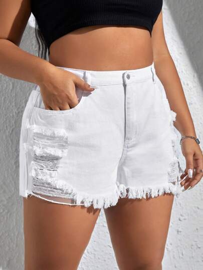 大碼破洞毛邊牛仔短褲