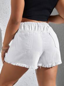 大碼破洞毛邊牛仔短褲 - 白色 - 查看 2