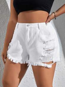 大碼破洞毛邊牛仔短褲 - 白色 - 查看 3