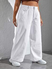 SHEIN ICON Plus Solid Wide Leg Boyfriend Jeans - White - View 3