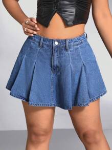 Plus Pleated Detail Denim Skort - Medium Wash - View 1