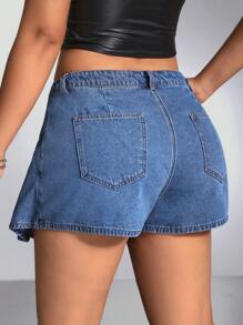 Plus Pleated Detail Denim Skort - Medium Wash - View 2