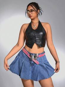 Plus Pleated Detail Denim Skort - Medium Wash - View 3