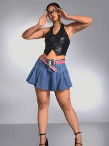 Plus Pleated Detail Denim Skort - Medium Wash - View 4