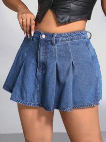 Plus Pleated Detail Denim Skort - Medium Wash - View 6