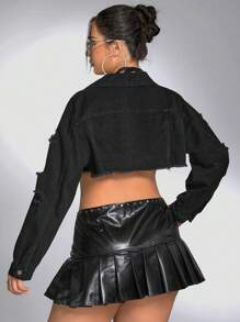 SHEIN ICON Plus Ripped Raw Hem Crop Denim Jacket