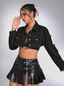 SHEIN ICON Plus Ripped Raw Hem Crop Denim Jacket