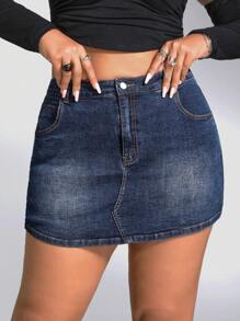 SHEIN ICON 夏季高腰牛仔短裙 - 深色水洗藍 - 查看 6