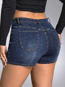 SHEIN ICON 夏季高腰牛仔短裙 - 深色水洗藍 - 查看 2