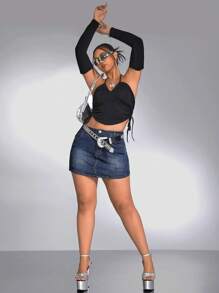 SHEIN ICON 夏季高腰牛仔短裙 - 深色水洗藍 - 查看 3