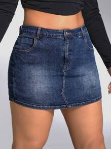 SHEIN ICON 夏季高腰牛仔短裙 - 深色水洗藍 - 查看 4