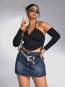 SHEIN ICON 夏季高腰牛仔短裙 - 深色水洗藍 - 查看 7