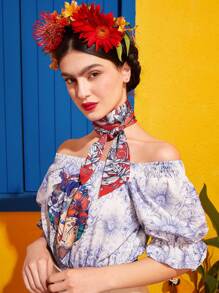 Frida Kahlo X SHEIN 1pc Women Floral Pattern Fashionable Skinny Scarf For Daily Decoration Elegant - Multicolor - View 1
