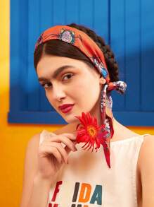 Frida Kahlo X SHEIN 1pc Women Floral Pattern Fashionable Skinny Scarf For Daily Decoration Elegant - Multicolor - View 4