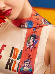 Frida Kahlo X SHEIN 1pc Women Floral Pattern Fashionable Skinny Scarf For Daily Decoration Elegant - Multicolor - View 5