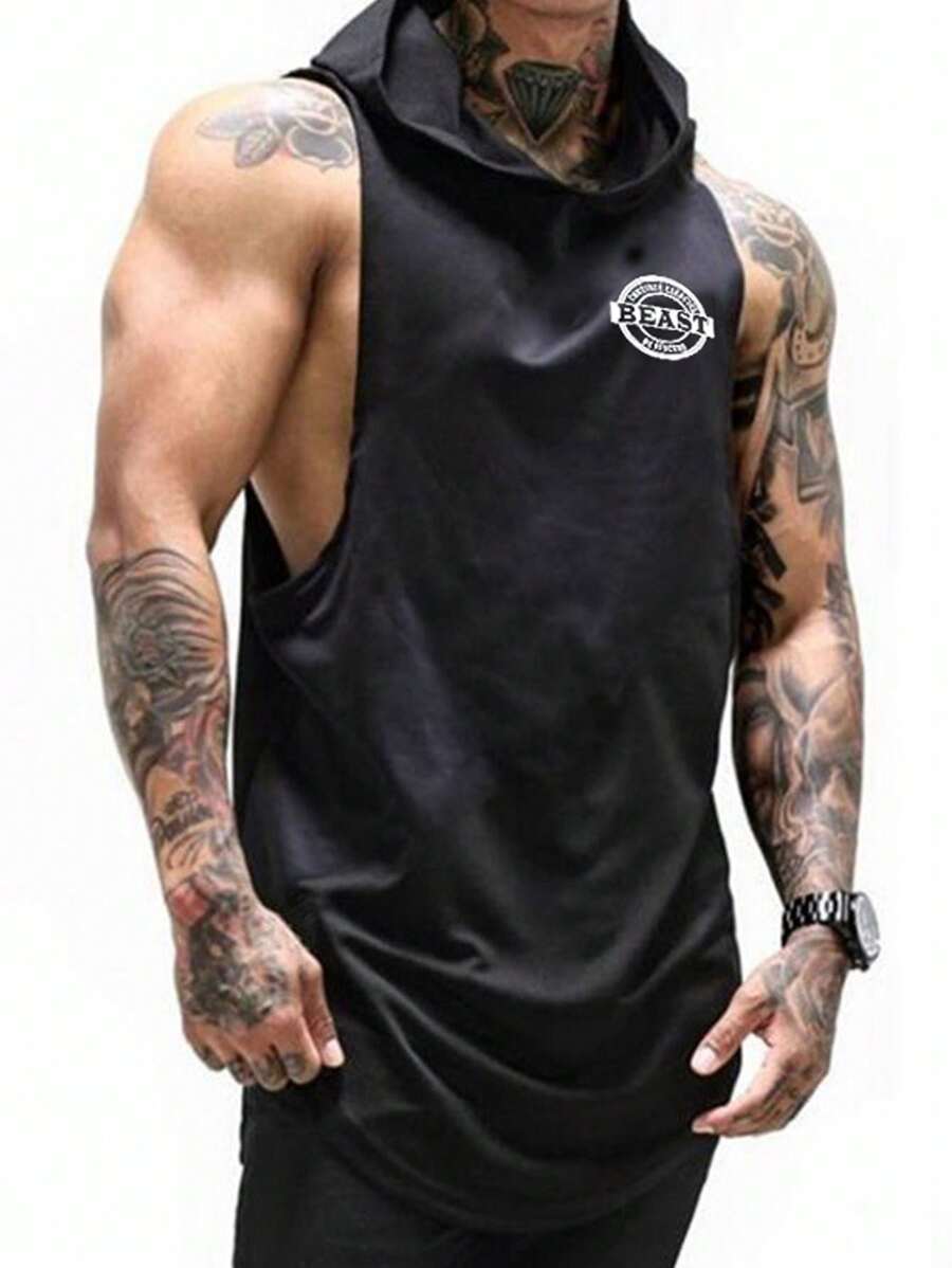 Fitness 男士字母圖案連帽運動背心 - 黑色 - 查看 1