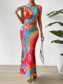 SHEIN Privé Nhuộm buộc Cổ giả Áo ba lỗ & Váy - Nhiều màu - Xem 3