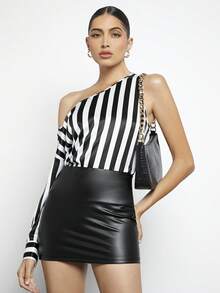 BizChic Striped Print Asymmetrical Neck Blouse